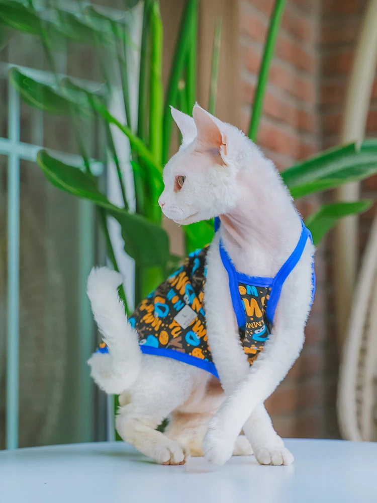 Cat Clothes Summer Blue Cotton Mesh breathable Vest for Sphynx Cat Sleeveless T-shirt for Kittens Cartoon Coat for Devon