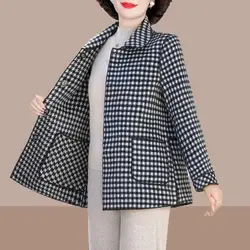 여성용 양면 모직 코트, 고급 캐시미어 오버코트, 중장년 어머니 격자 무늬 울 재킷, 가을 신상, 6XL