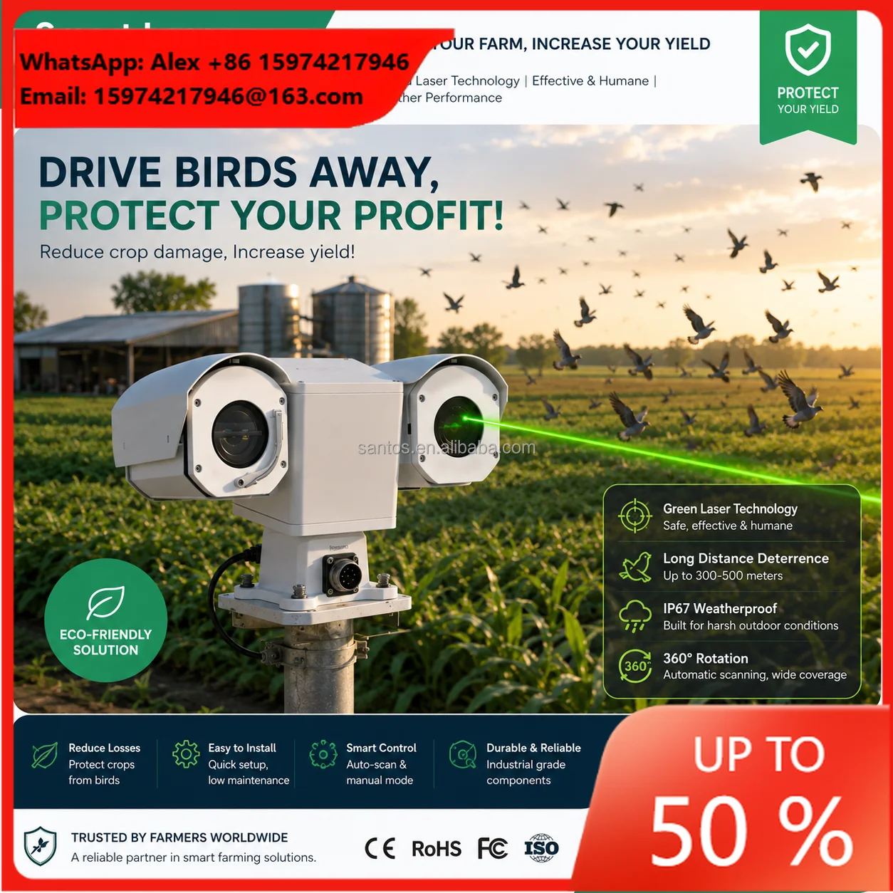 Green Laser PTZ Camera Bird Repellent Device Outdoor Intelligent Laser Bird Scarer Security System