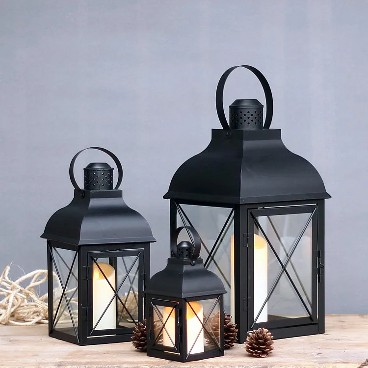 Windproof Candlestick Iron Wrought Glass Style Lamp Decoration American Candlestick Lamp Retro Lantern Lantern Soft Installation