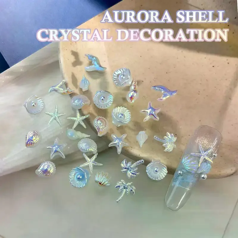 50Pcs Ocean Nail Art Charms Aurora Shell Starfish Mermaid Tail Nail Art Decors Gem Beach Rhinestone Ice Clear Nail Decorations