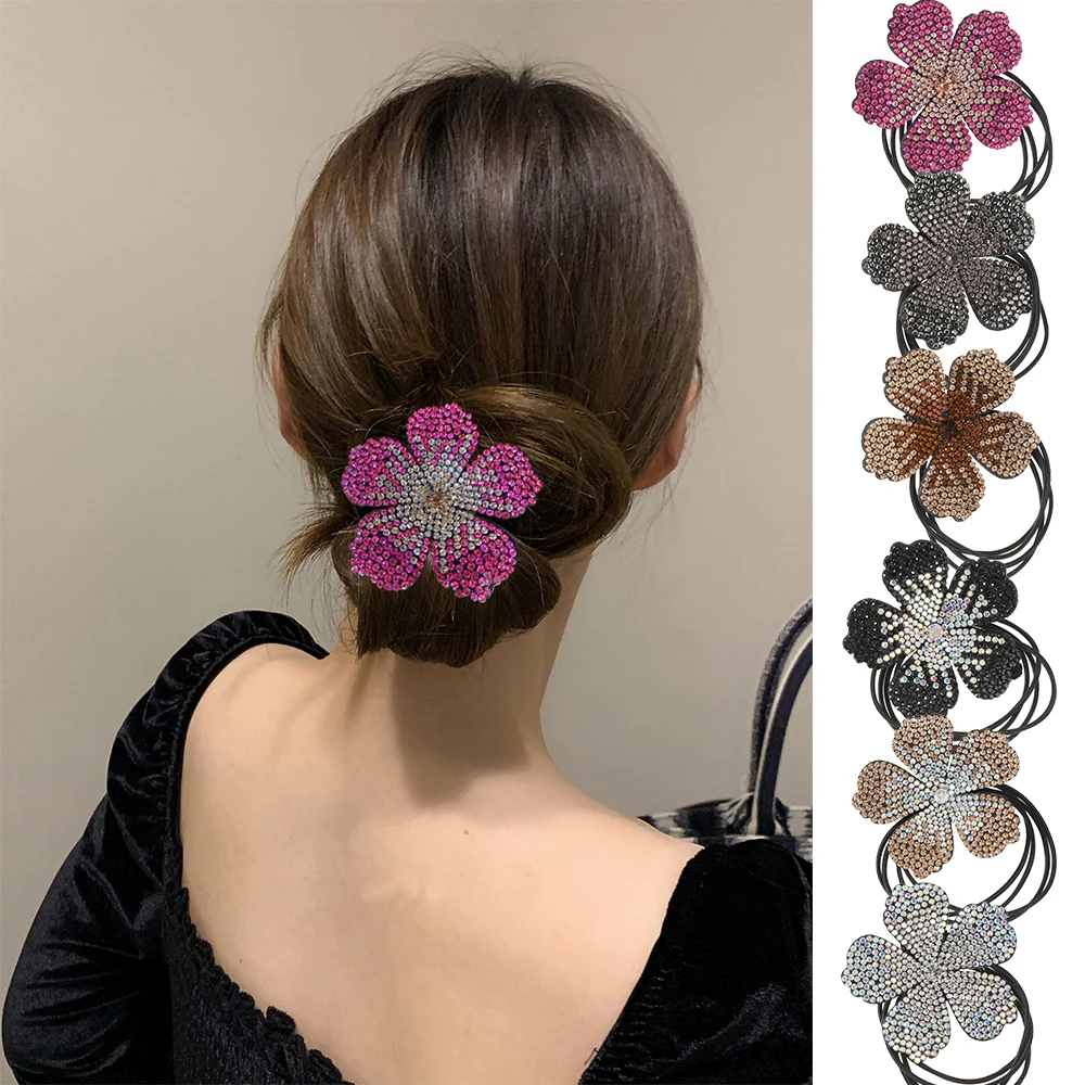 

6PCs Colorful Rhinestone Headbands Scallop Elasticity Nylon Rope Ponytail For Women Hair Ties Ponytail Holders Rubber Band