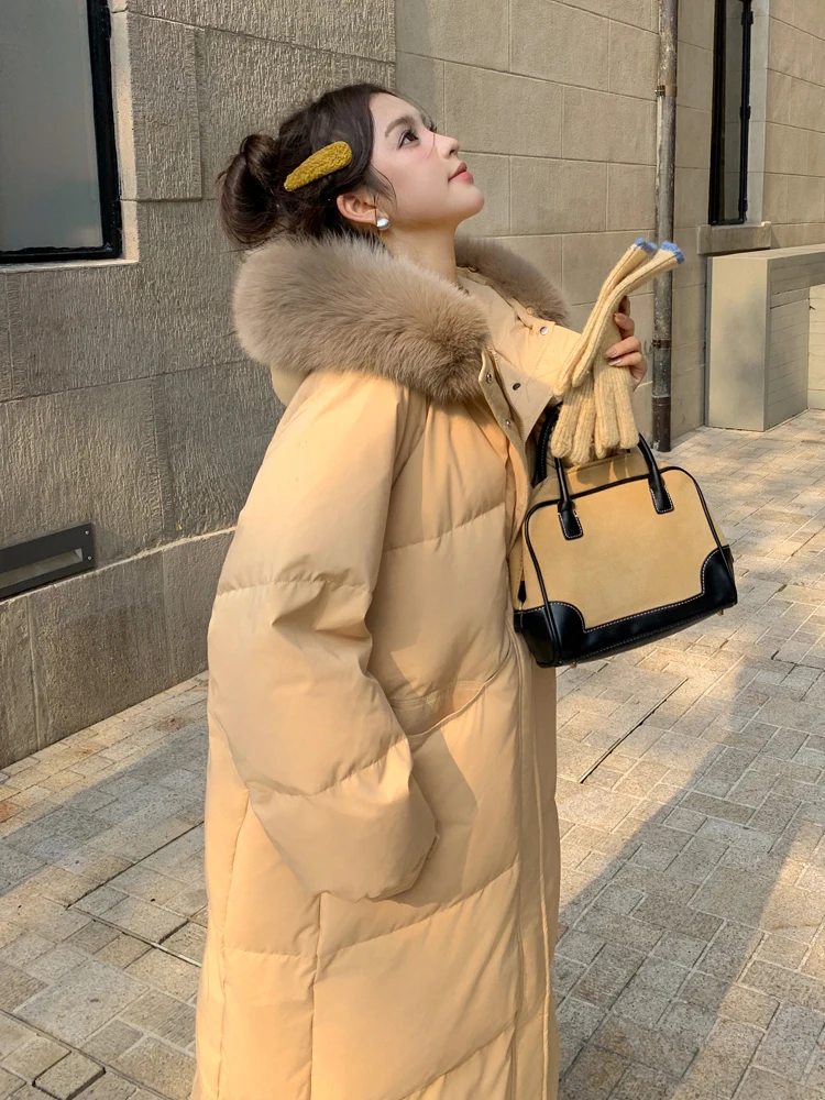 Damska kurtka puchowa do połowy łydki z dużym futrzanym kołnierzem, nowa kolekcja zima 2024, koreański styl, elegancka, wiatroodporna, ciepła, ocieplana.