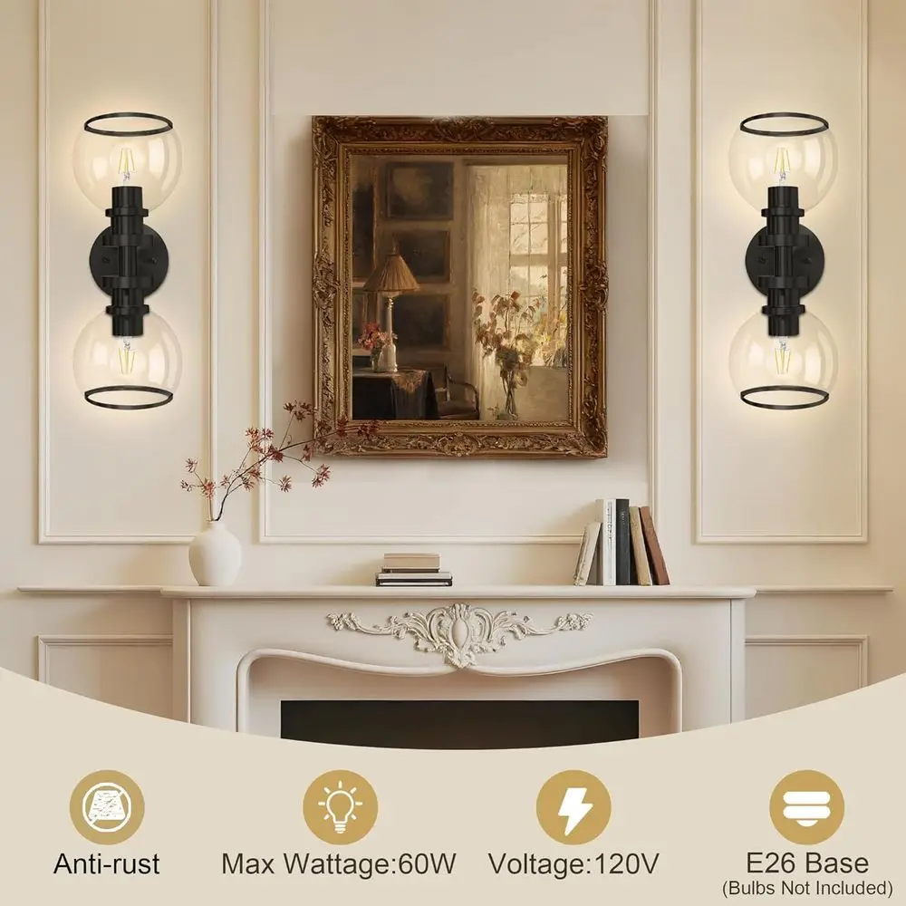 Pair of Modern Clear Glass Wall Sconces for Bathroom, Living Spaces, and More