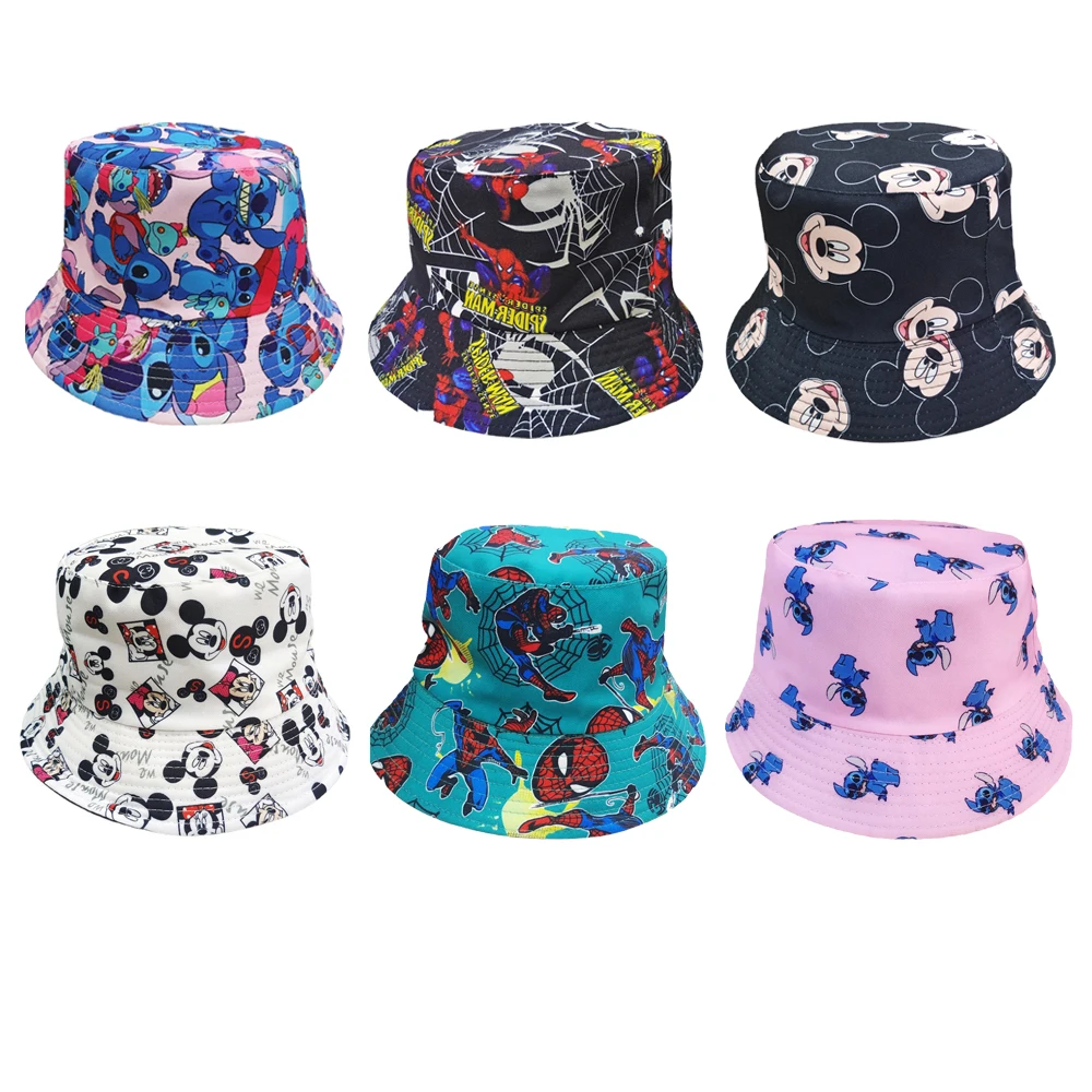 Disney Mickey Stitch Printed Bucket Hat Cute Anime Printed Fisherman Caps for Teenager Boys Girls Women Fashion Travel Visor Cap