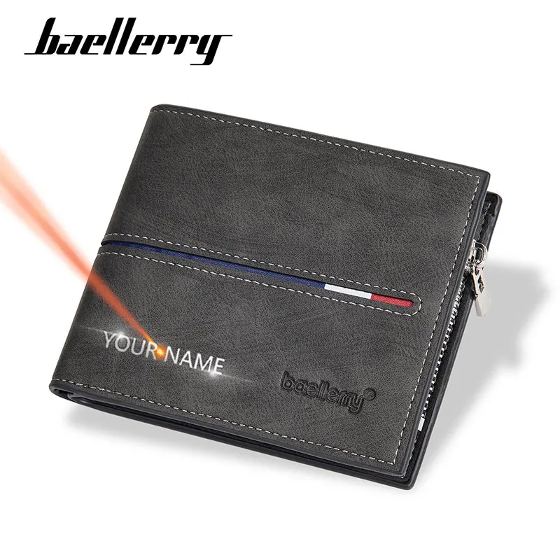 

Новые Простые короткие мужские кошельки Baellerry с бесплатной гравировкой имени и молнией, мужские кошельки с кармашком для мелочи, мужской кошелек