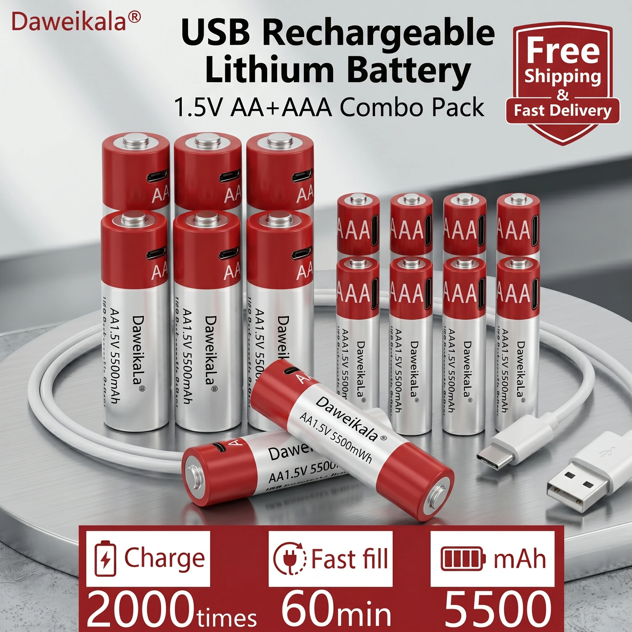 

1.5V AA AAA Rechargeable Battery Pack USB Quick Charge Lithium-Ion Dry Battery for High-Drain Devices Mouse Toy Gamepad
