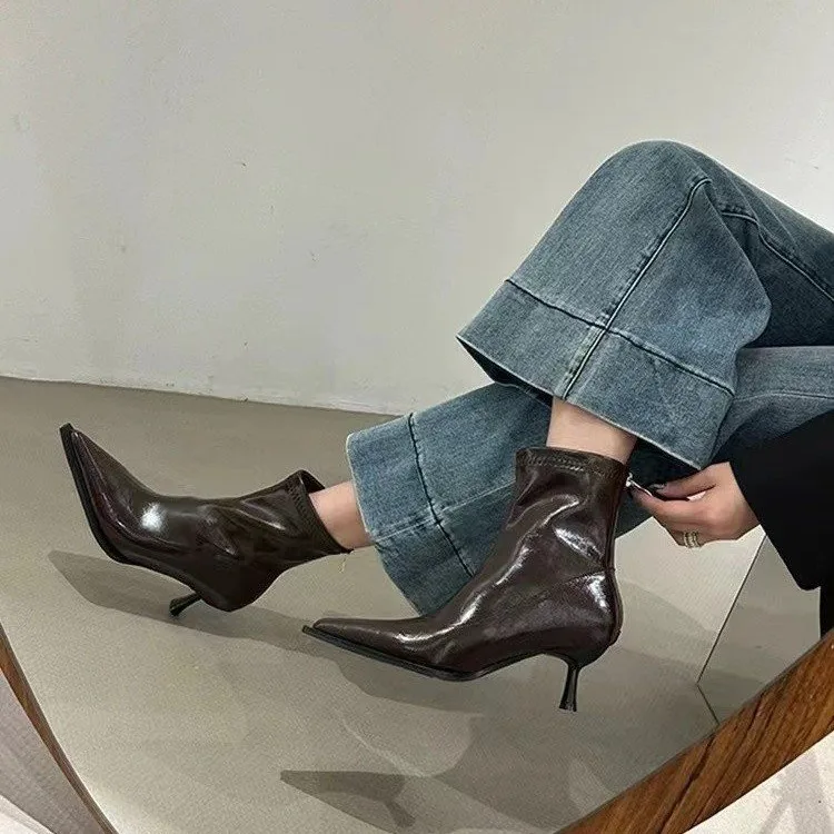 2025 New Street Style Pointed Toe Slim Women Ankle Boots Fashion Thin Heels Shoes Female Modern Short Booties