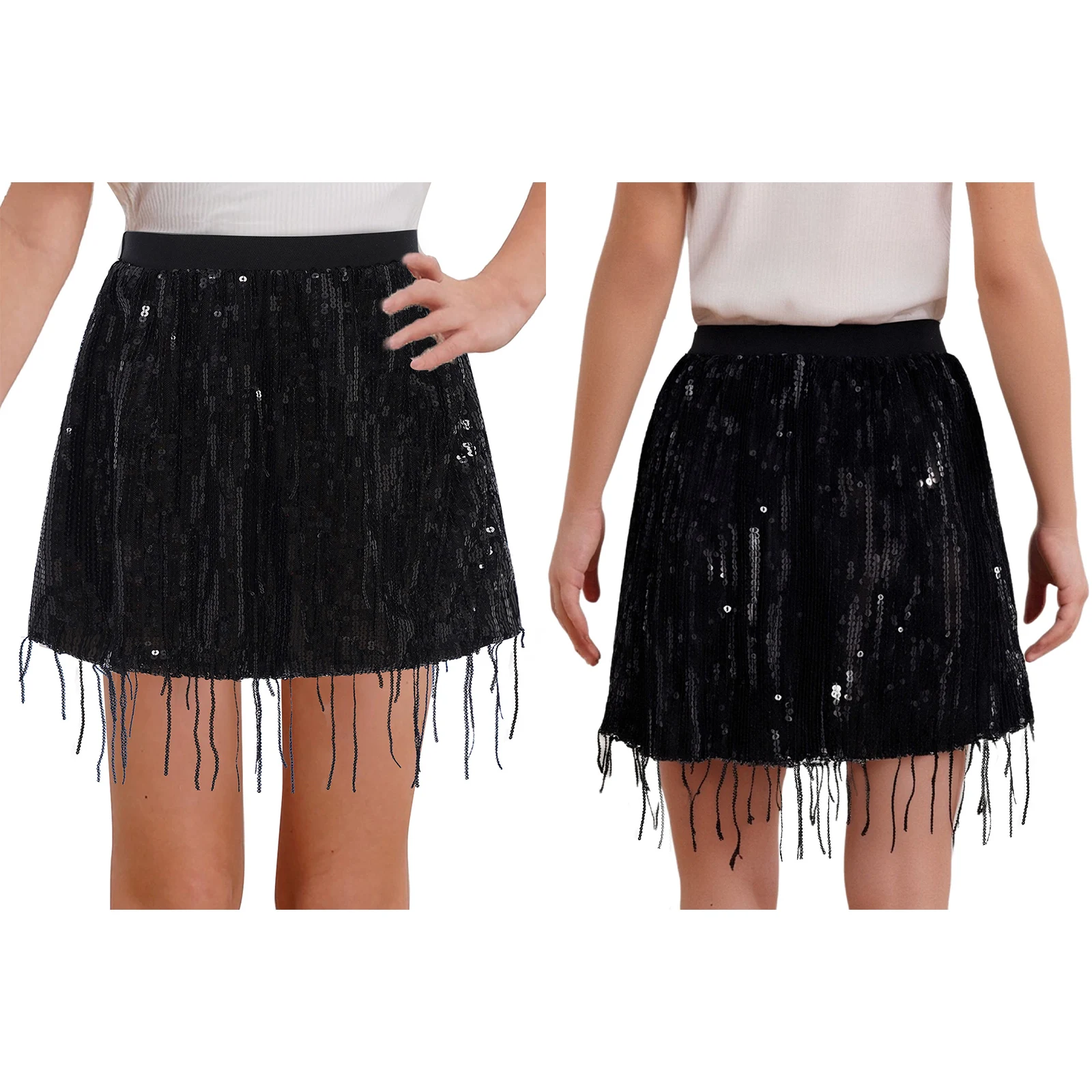 

Girl Tutu Skirts Elastic Waistband Sparkling Sequin Tassel Latin Jazz Dance Mini Skirt for Birthday Party Stage Show Performance