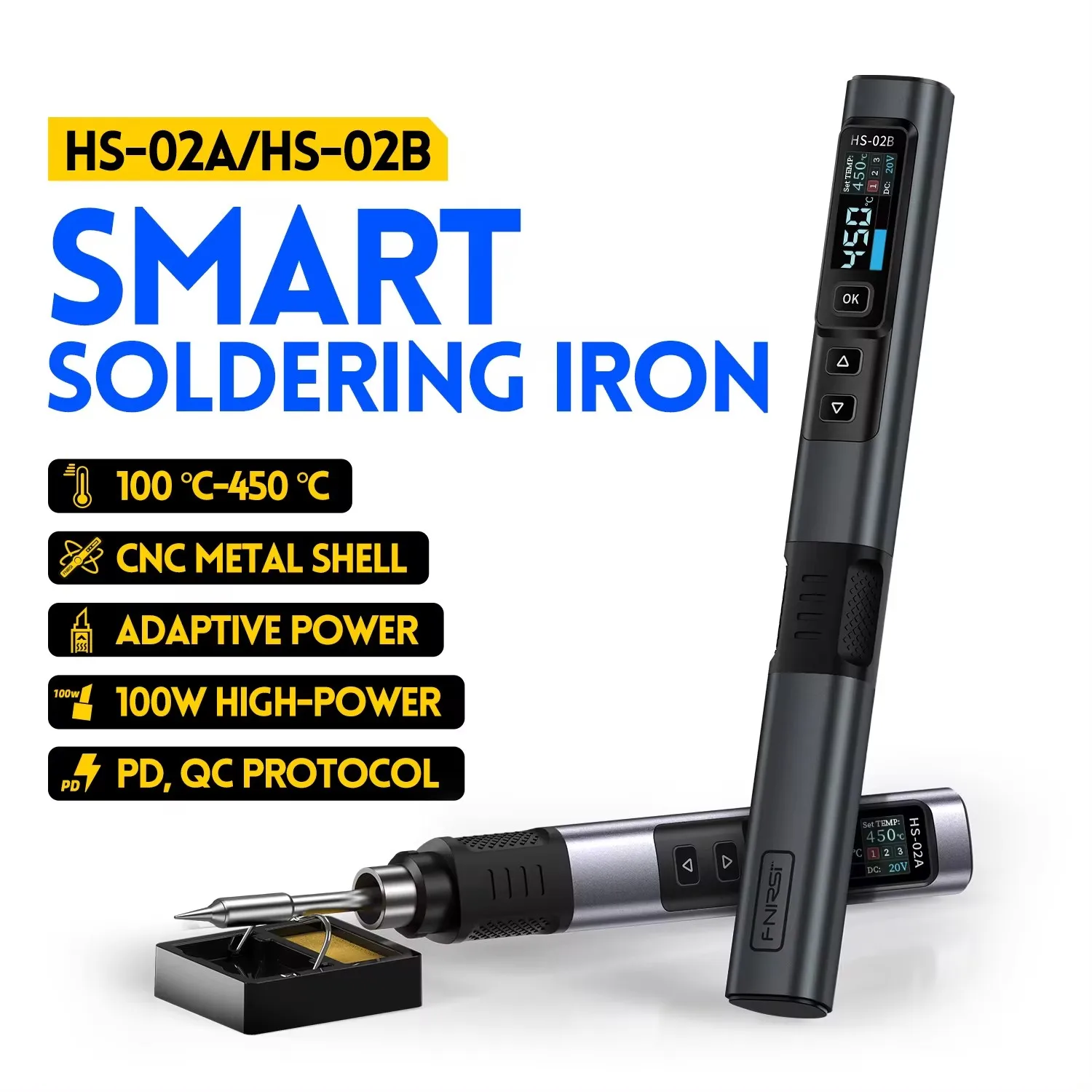 FNIRSI HS-02 Smart Electric Soldering Iron PD 100W Adjustable Constant Temperature Fast Heat Portable Soldering Iron Station Kit