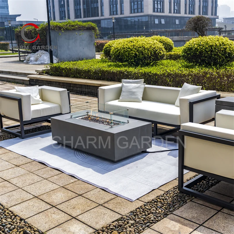 Patio Heaters Outdoor Luxury Rectangle Concrete Furniture Dark Grey Gas Smokeless Fire Pit