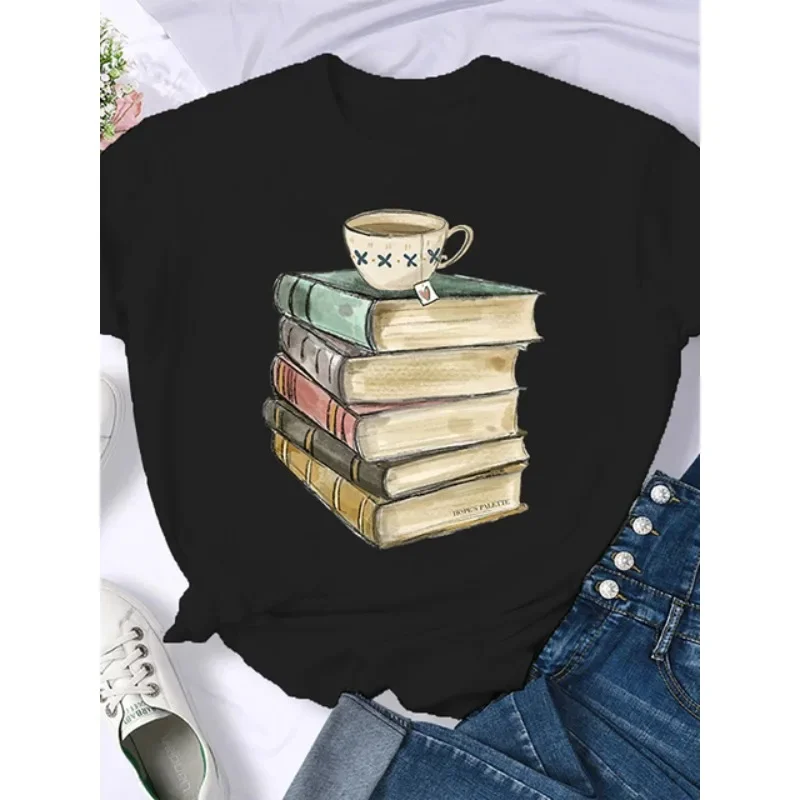 Fashion Women T-shirt Coffee Books Brown Books American Retro Graphic Print Round Neck Sleeve T Shirt Cute Unisex Clothes Tops