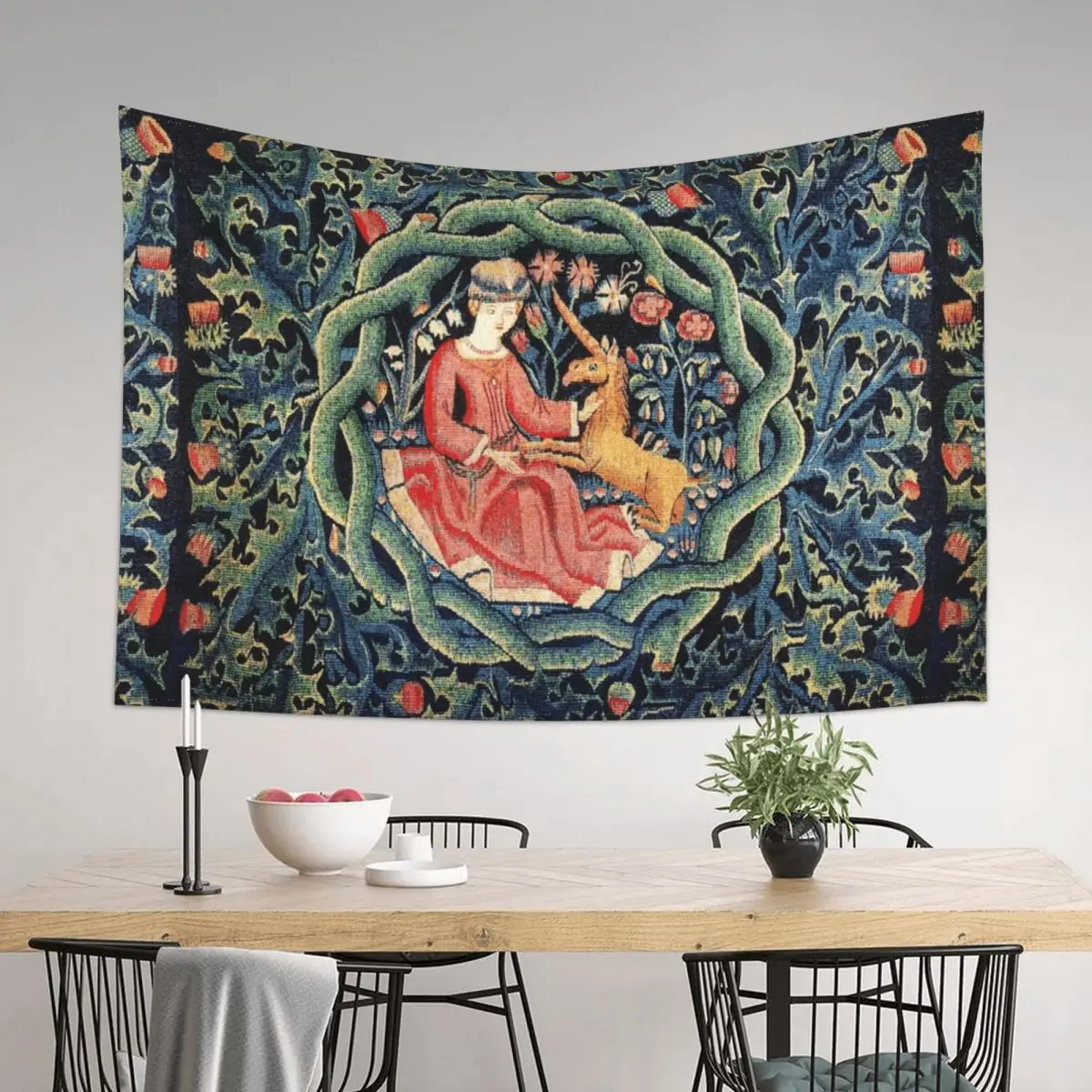 

LADY AND UNICORN CROWN WITH RED THISTLES ,WILD FLOWERS Antique Green Blue Floral Tapestry Decor For Bedroom Tapestry