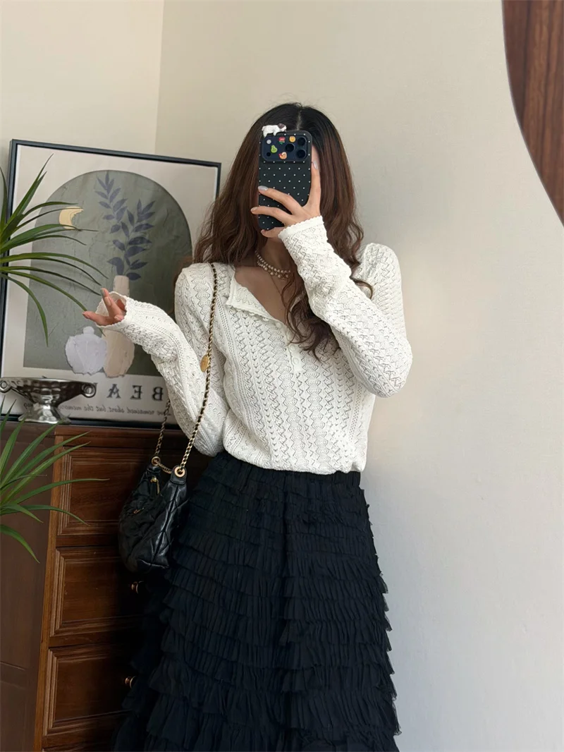 

Slimming Hollow out Henry Collar Knitwear Sun Protection Top Women's Fashion Spring Summer Breathable Loose Fit Cotton Long S...