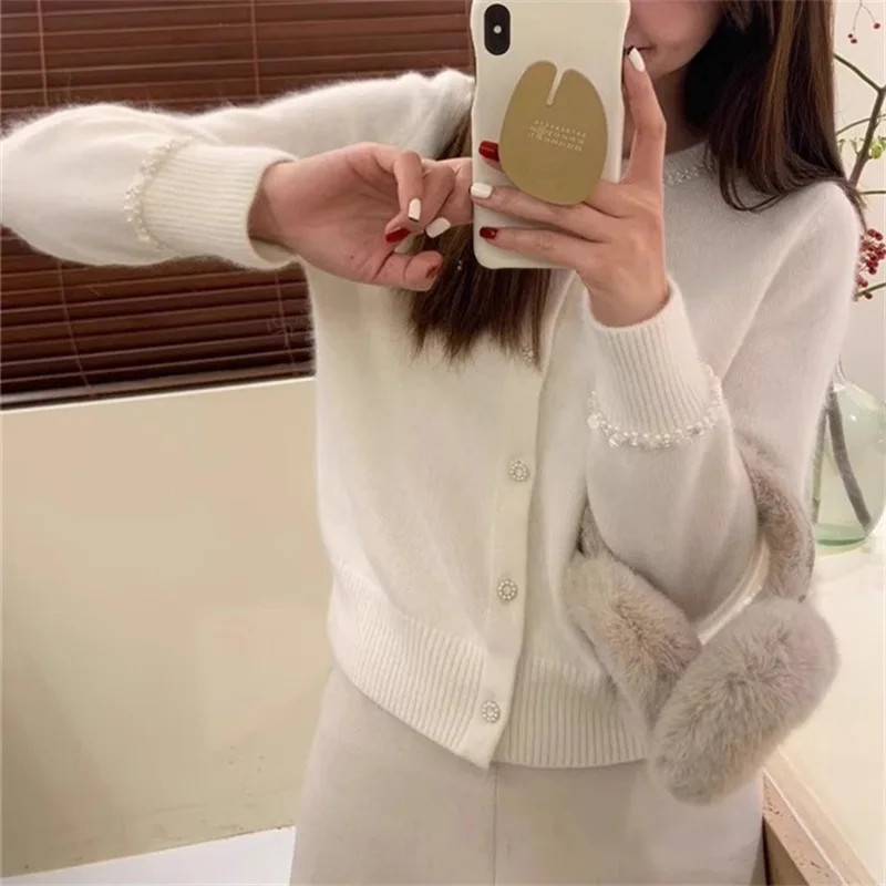 Chic Beading Sweater Coat Women Spring Autumn O-neck Single Breasted Multicolor Knitted Cardigans Elegant Knitwear E2475