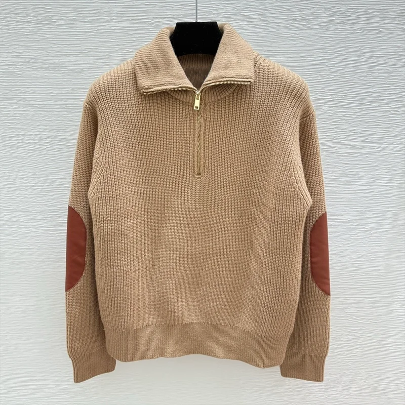 

High-quality women's sweater with half-zippered and stand-up collar, reversible design, simple top garment 25916190