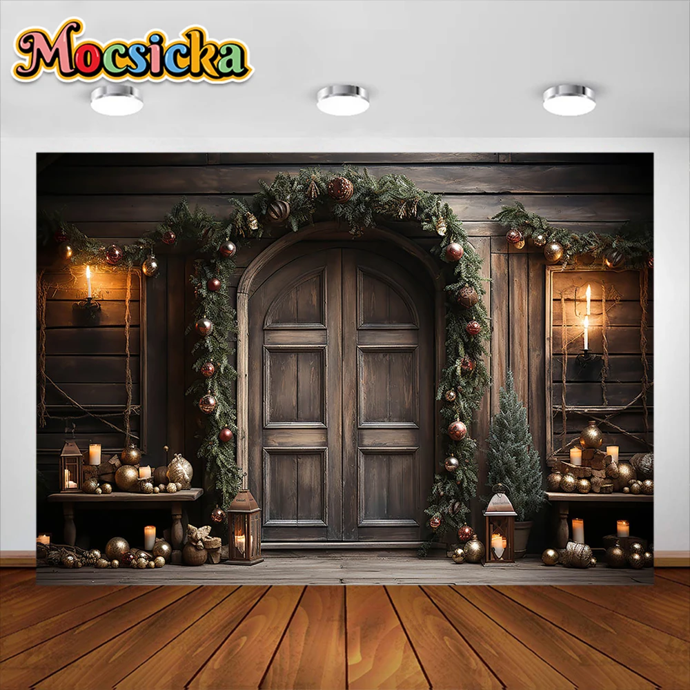 

Mocsicka Christmas Backdrop Children Kids Portrait Photographic Studio Photo Props Xmas Tree Wooden Door Photography Background