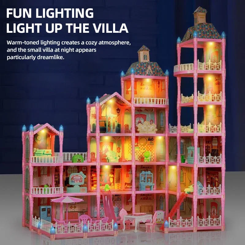 DIY 하우스 플레이 캐슬 장난감 집 조립 만화 장면 시뮬레이션 조명 포함 튼튼한 빌라 블록 소녀용