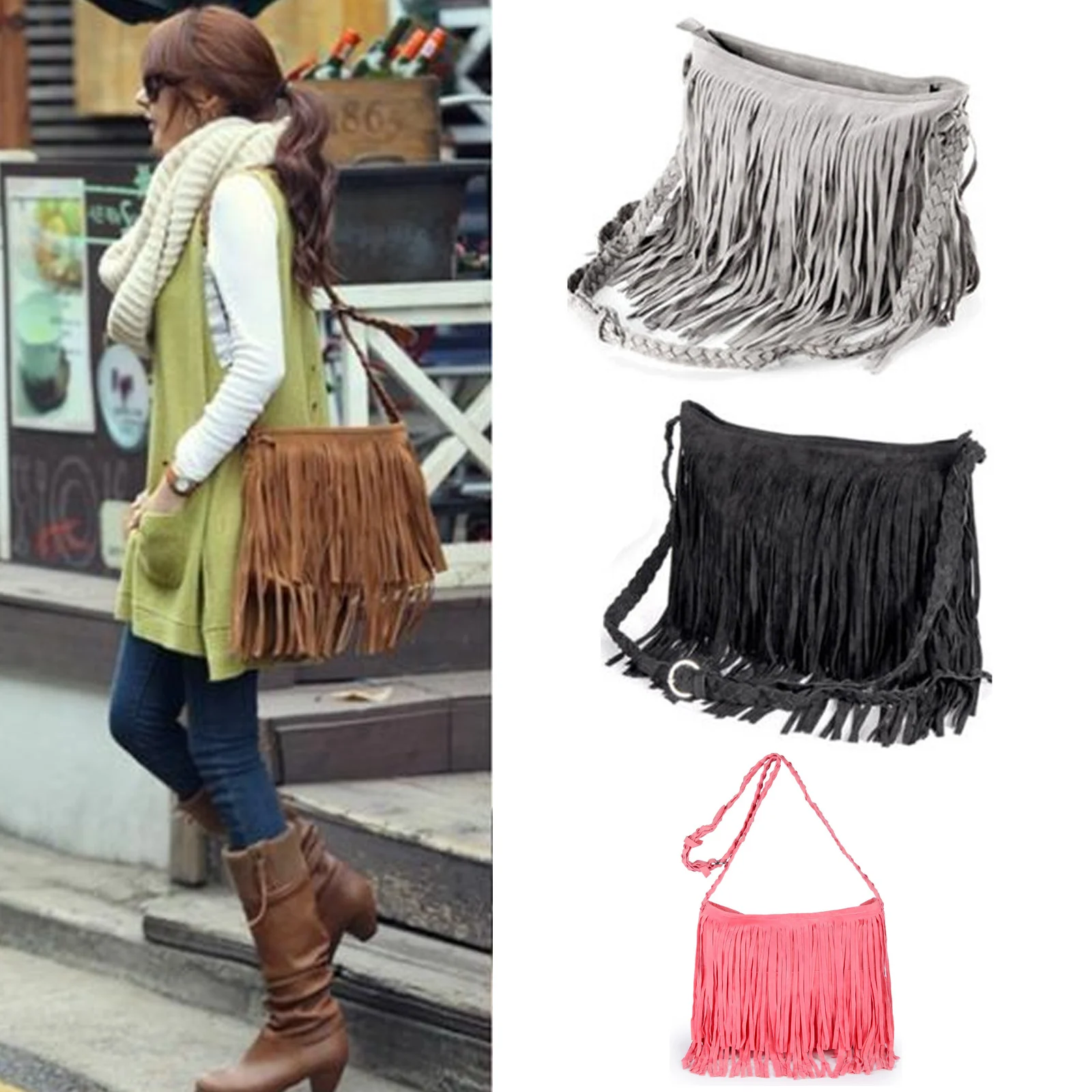 Fashion New Women Shoulder Bag Frosted Tassels Trending Crossbody Bag Leather Velvet Messenger Bag Casual Handbag Shopping Totes