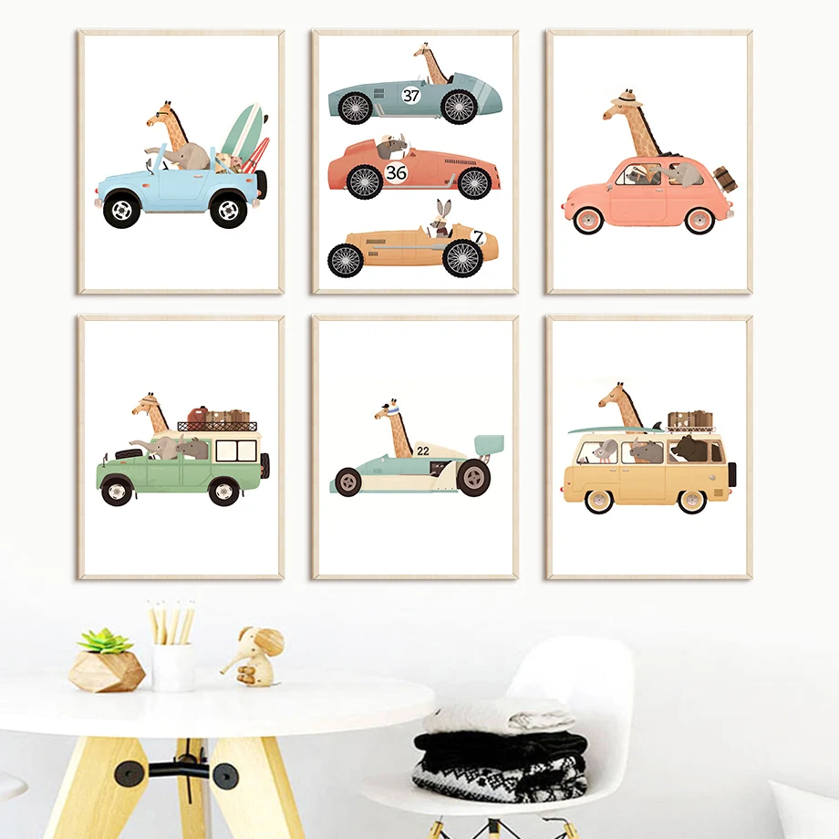 Giraffe Elephant Bear Animal Car Travel Nursery Wall Art Canvas Painting Nordic Posters And Prints Wall Pictures Kids Room Decor