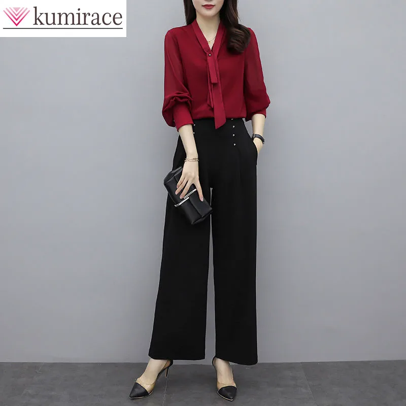 Tie Decoration Style Long Sleeve Chiffon Shirt Casual Wide Leg Pants Two Piece Set Elegant Women's Pants Set Office Outfits