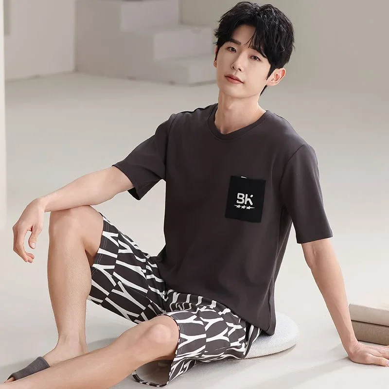 2026 Hot Summer Plus Size Short Sleeve Cotton Pajama Sets for Men Korean Loose Sleepwear Suit Pyjama Male Homewear Home Clothes