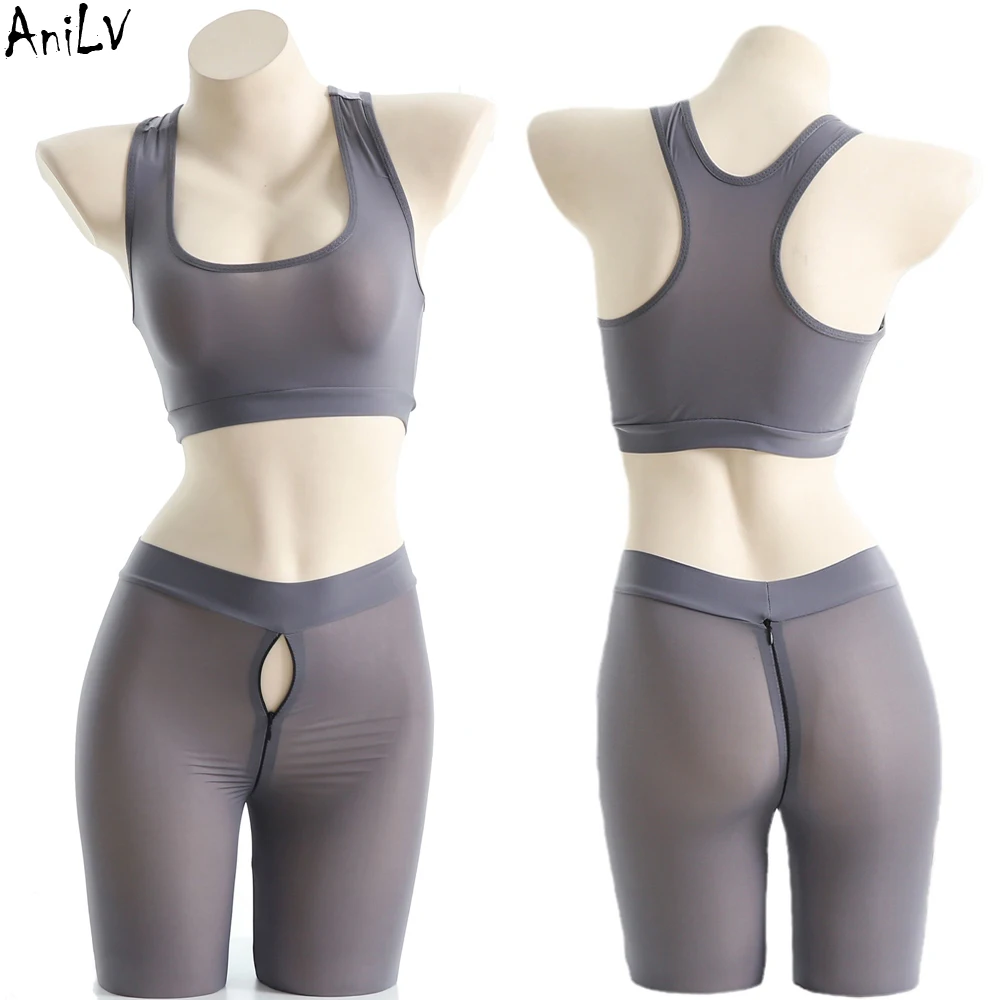 AniLV Womem Sports Yoga Clothes Set Erotic Zipper Crotch Open Pants Sexy Lingerie Temptation Pajamas Erotic Costumes