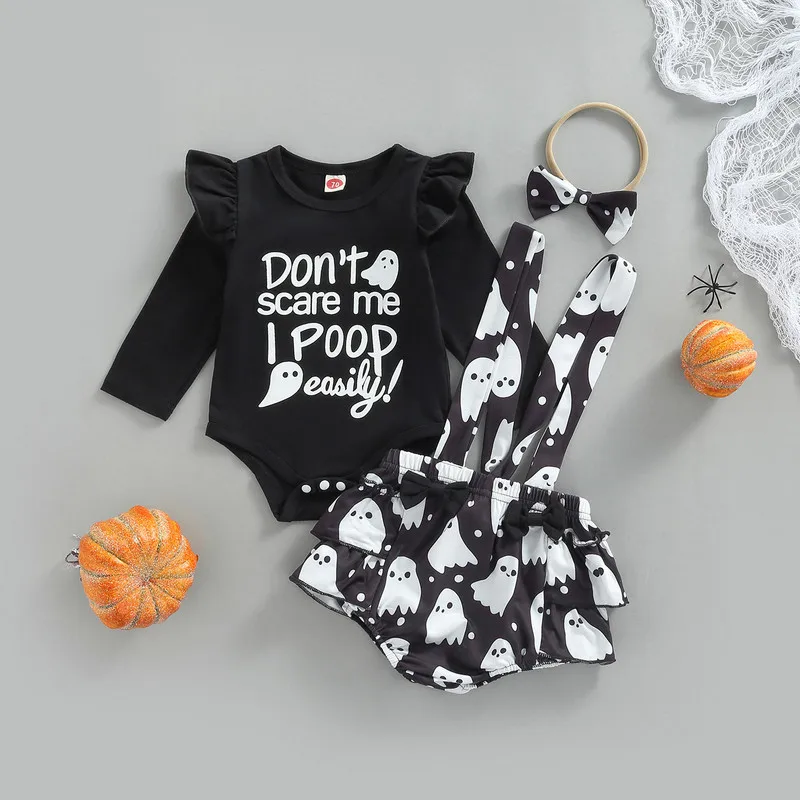 

3 Pieces Baby Girl Bodysuit Suit Set Newborn Clothes Letter Ghost Print O-Neck Long Sleeve Jumpsuit Suspender Culottes Headband