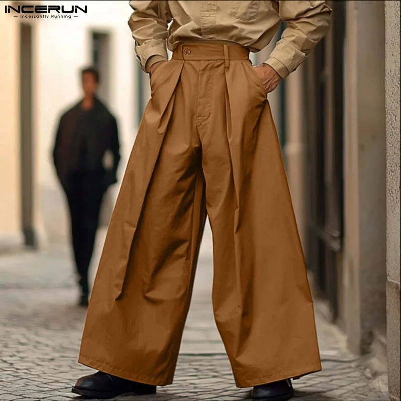 

Men Wide Leg Pants Solid Color Button Joggers Oversize Trousers Men Streetwear 2025 INCERUN Fashion Casual Male Long Pants S-5XL