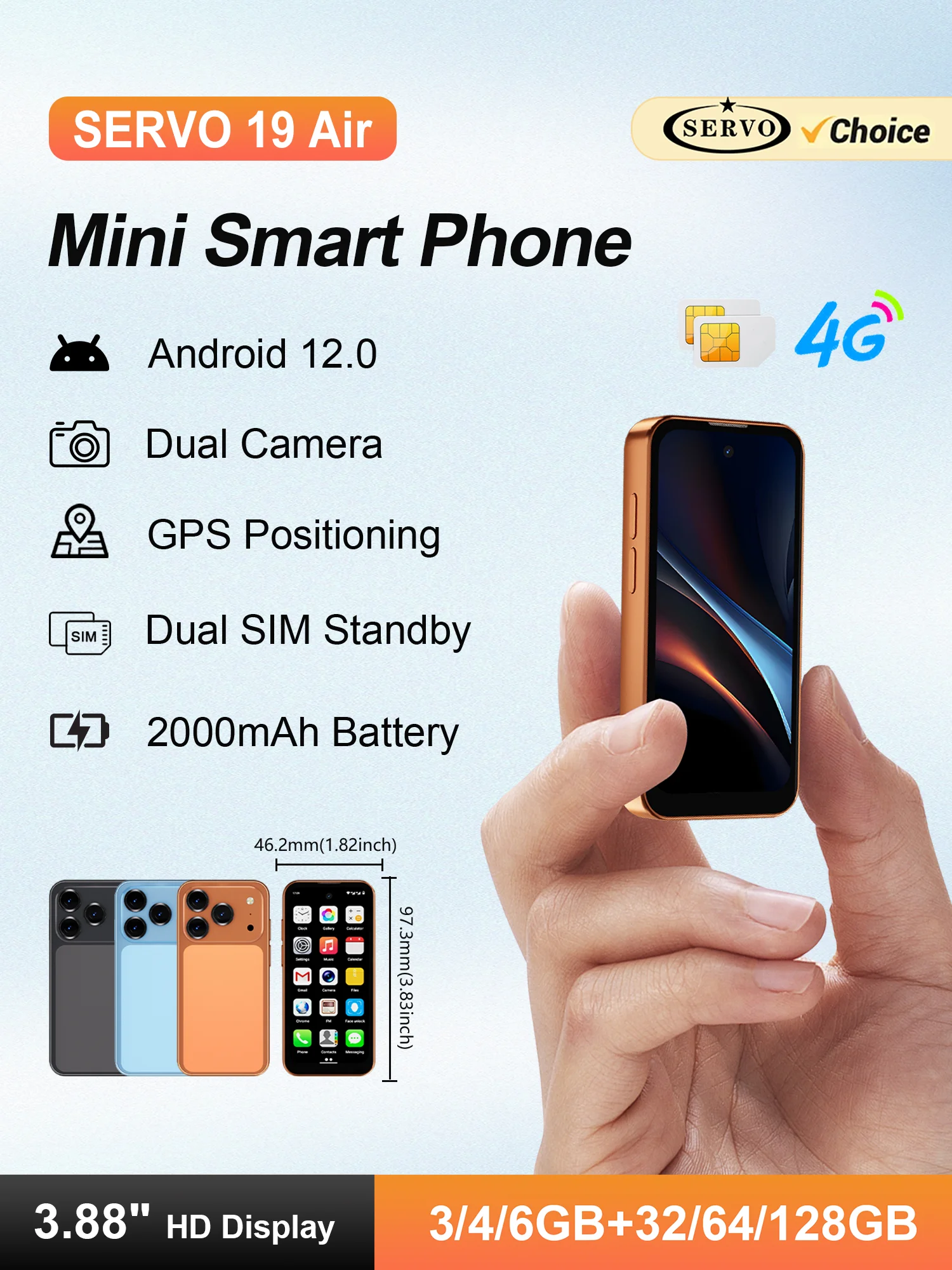 SERVO 19Air 4G LTE Pocket Mini Smartphone Android 12 OS 3,88 Zoll HD-Bildschirm 6GB+128GB Dual-SIM GPS OTG Play Store Kleines Mobiltelefon