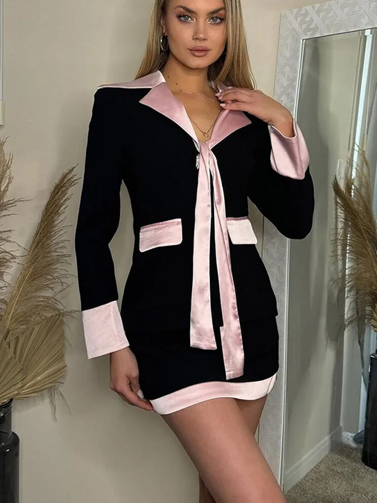 Elegant Pink Bow Spliced Mini Skirt 2 Piece Sets Women Fashion V-neck Long Sleeve Coat Suits 2024 Autumn New High Street Outwear