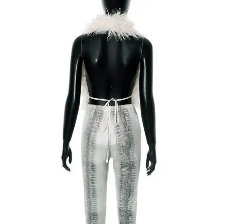 夏の新作レディースパーソナライズ2ピースセット、ファー襟付き、バックレスハンギングネックベストとスネークプリントタイトクロップドパンツセット