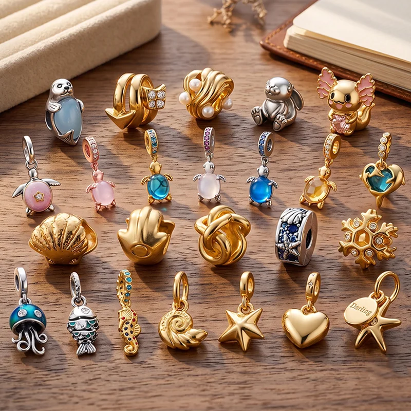 Popular DIY Marine Animal Theme Golden Shiny Charm Bead Pendant Fit Original European SnakeBone Bracelet Accessories JewelryGift