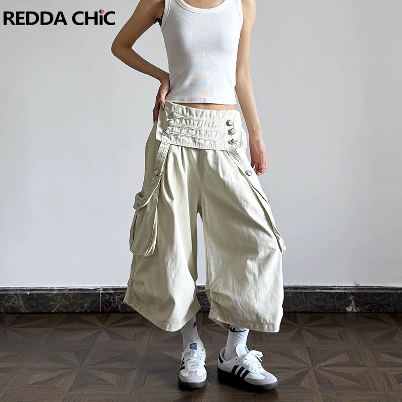 ReddaChic ICON Button Detail Cargo Shorts Baggy Jorts Retro Y2k Wide Leg Pleats Casual Carpi Pants Women Boyfriend Streetwear