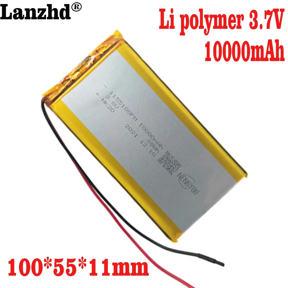 1-10PCS Batteries 3.7V Li-Polymer  10Ah 11*55*100mm Li battery For Tablet  Power Bank Bluetooth Speakers DVD 1155100