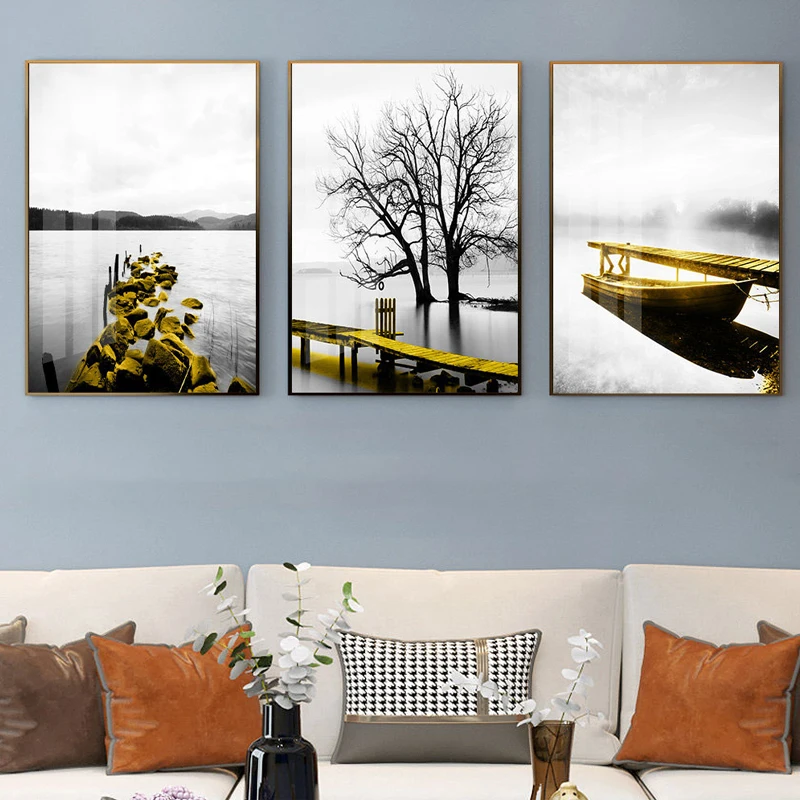 Nordic Landscape Art Prints Golden Tree Bridge Stone Lake Sceney Canvas Painting Poster Wall Pictures For Living Room Home Decor