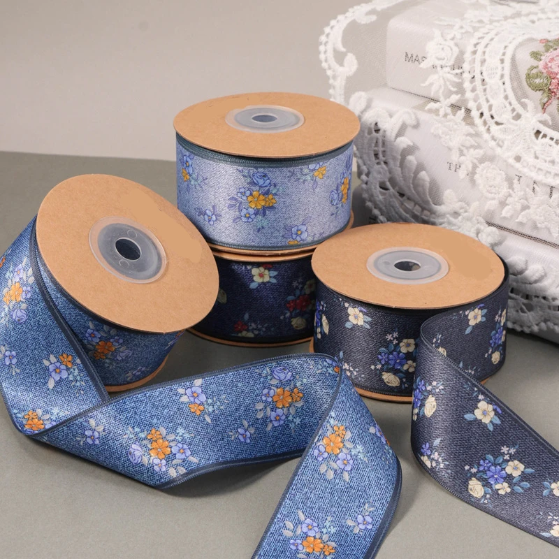 

10 Yards 40MM Cowboy Polyester Cotton Face flowers Floral Ribbon Hair Bows DIY Crafts Handmade Accessories Gift Wrapping