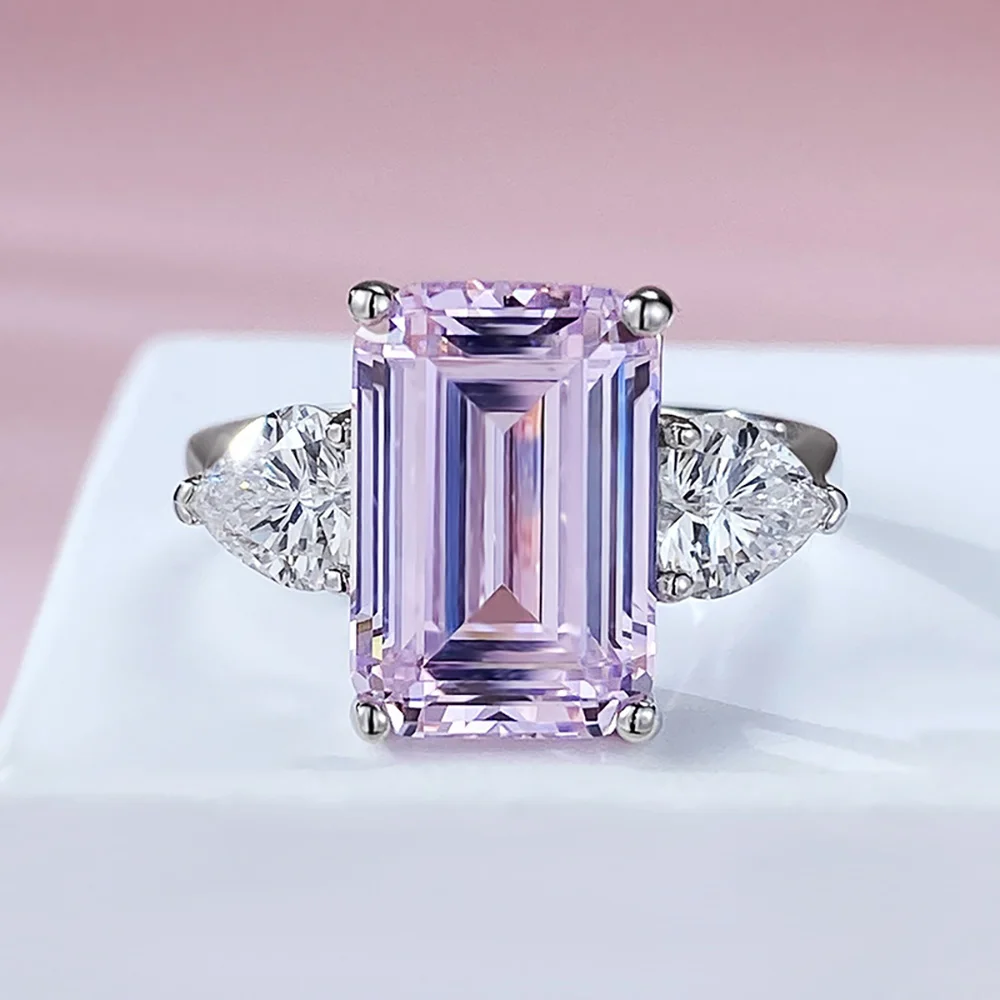 Charms 8*12mm Emerald Cut Topaz Pink Quartz Rings for Women S925 Silver Gemstone Lab Diamond Engagement Ring Party Fine Jewelry