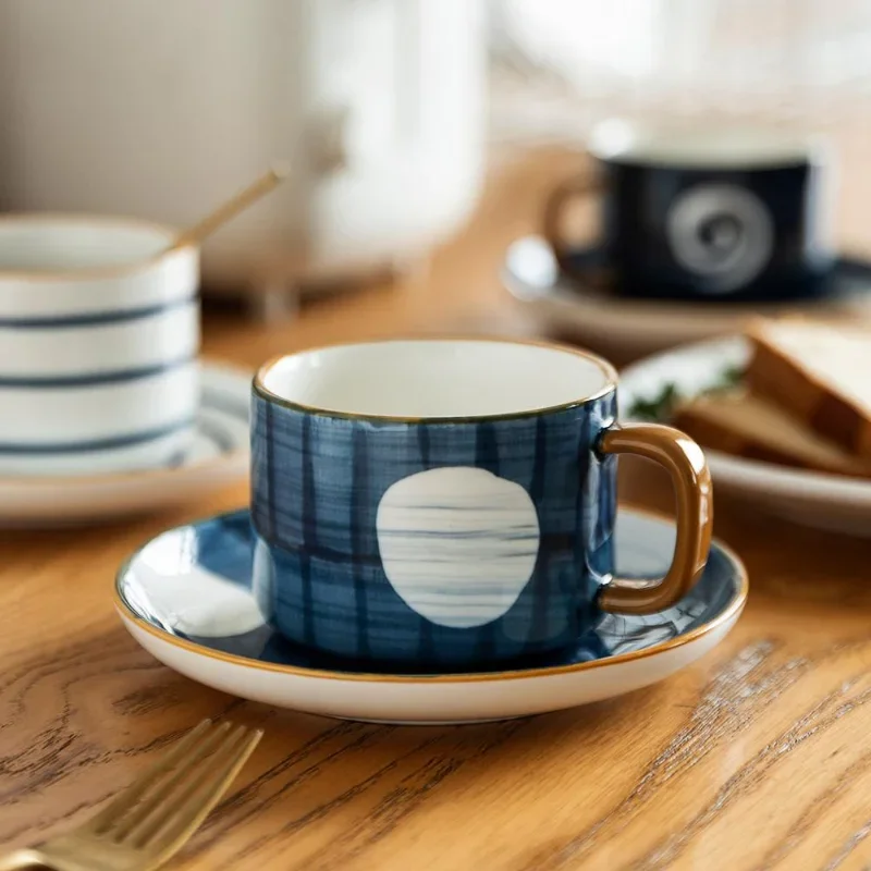 

Ceramic coffee cup set with hand-painted milk cup, tea cup, dessert tray, household microwave handle cup