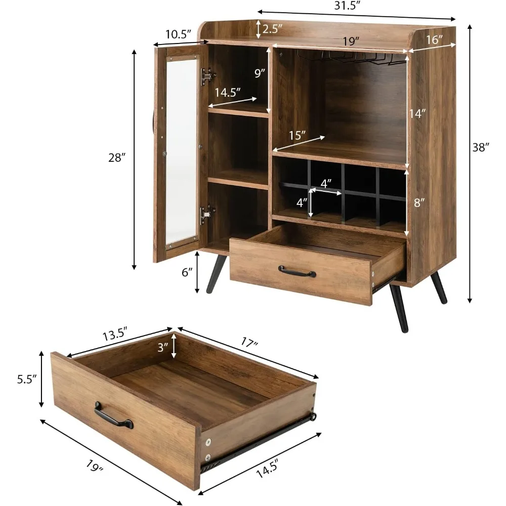 Mueble de bar con estante para vino, mueble tipo buffet para cafetería con almacenamiento, cajón, soporte para vidrio, aparador de madera para botella de vino