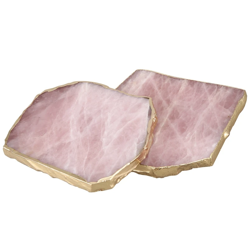 4Pcs Agate Slice Pink Agate Coaster Teacup Tray Decorative Design Stone Coaster Gold Edges Home Decor Gemstone Coaster