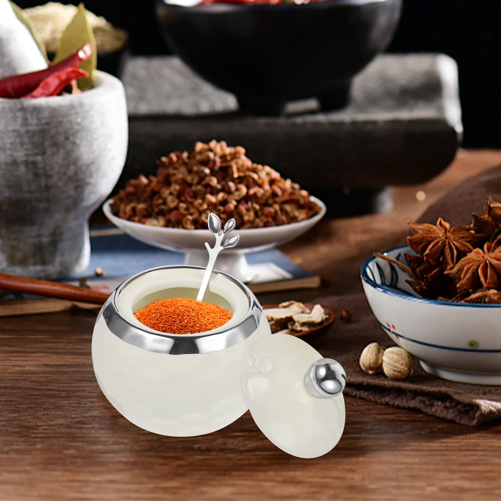 

Ceramic Condiment Jar with Lid and Spoon Seasoning Storage for Kitchen Salt Sugar Spice Container Household Countertop Organizer