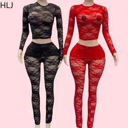 HLJ Sexy Floral Lace 2 Piece Sets Woman Outfit Hollow Out See Through Crop Tops + Fake Skirt Pants Suits Female Night Clubwear