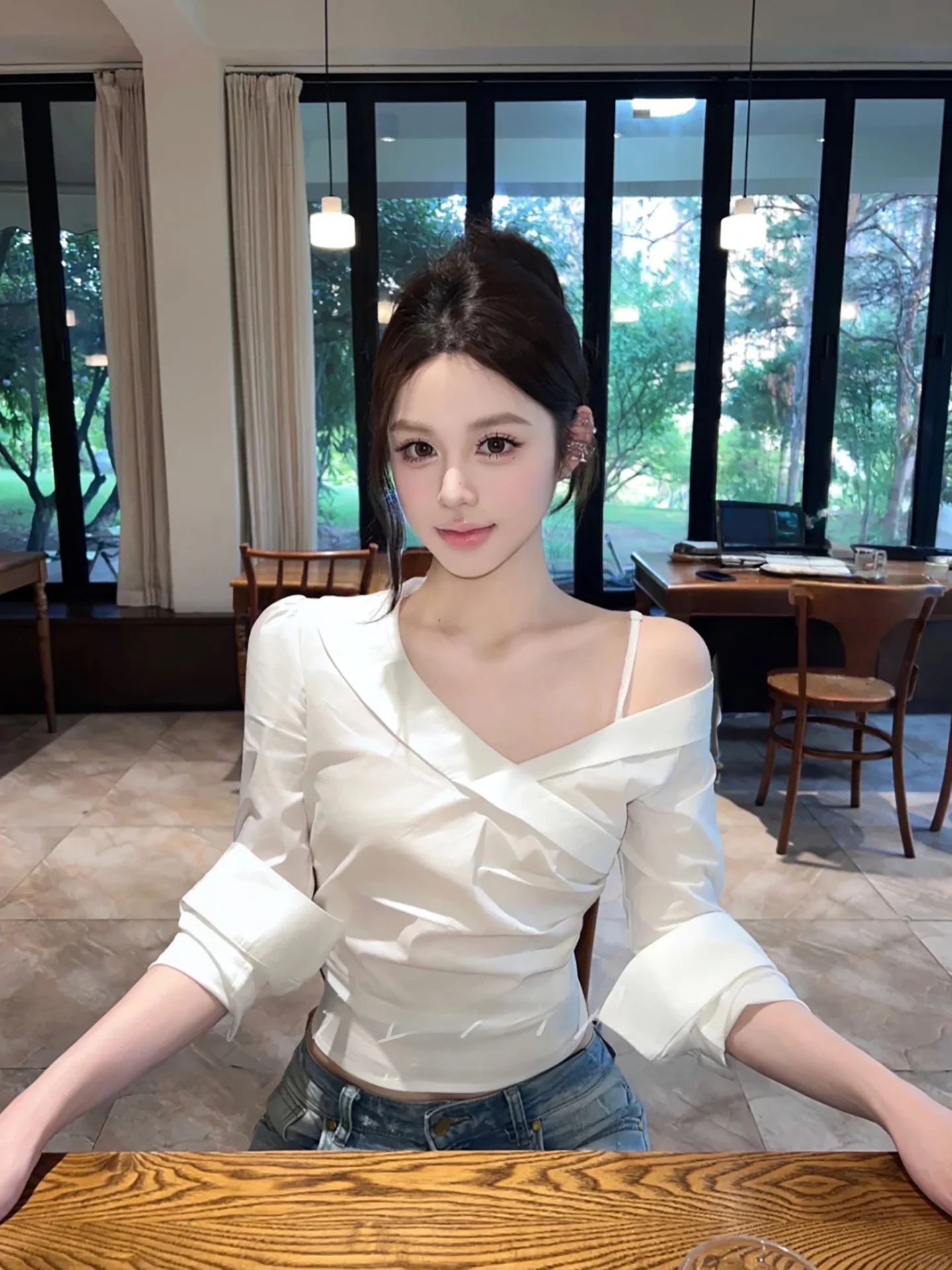 

Модная женская облегающая базовая рубашка с длинным рукавом и открытыми плечами, в стиле Pure Desire, с подвернутым краем, универсальная.