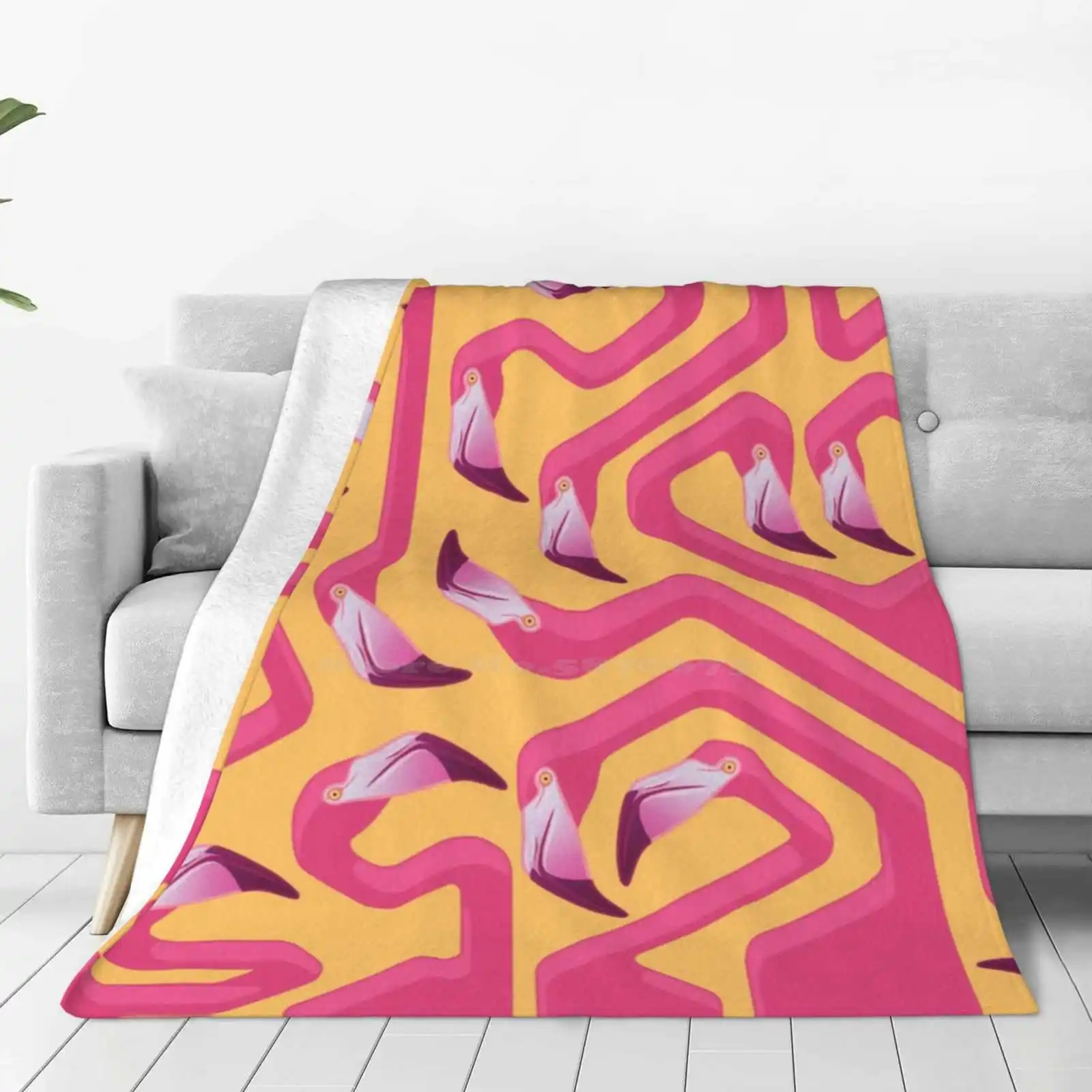 Flamingo Maze Soft Warm Throw Blanket Flock Flamingoes Tropical Birds Geometric Pink Yellow Graphic Design Pattern Warm