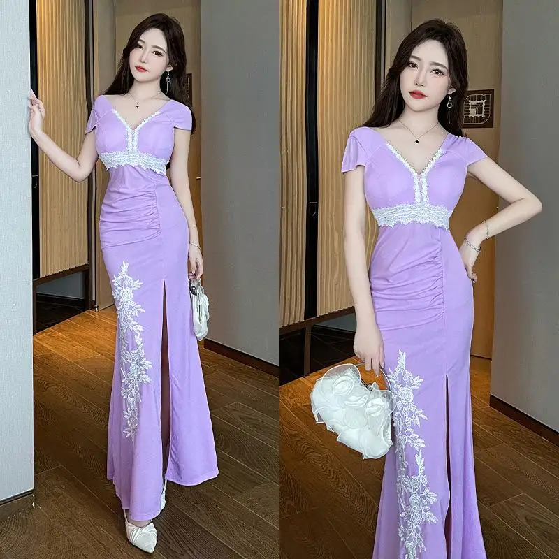 Women‘s  Uniforms Staff Reception Work Clothes Beauticians Spa Therapists Massage Technicians Desk Sexy Slit Long Dresses