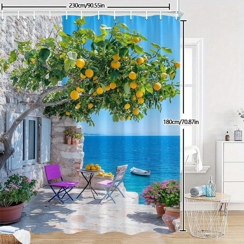 

Mediterranean Lemon Tree Shower Curtain Ocean View Waterproof Bathroom Decor Coastal Style Home Textile Artistic Nature Design