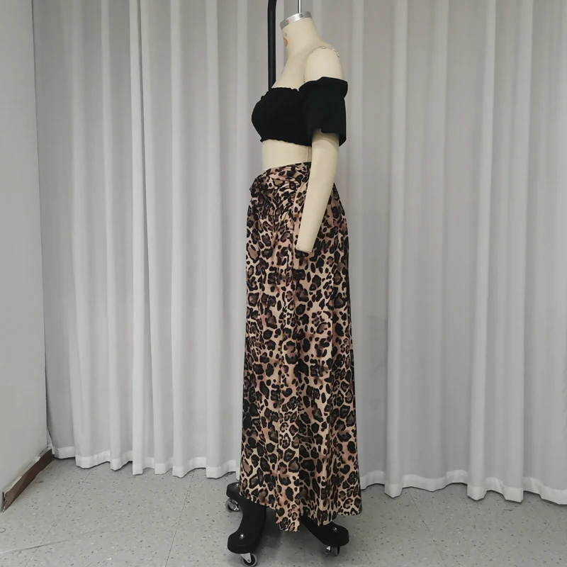 Waytobele Two Piece Set Summer 2024 Women Fashion Off Shoulder Solid Short Sleeved Pleated Slim Top Leopard Print Skirt Sets