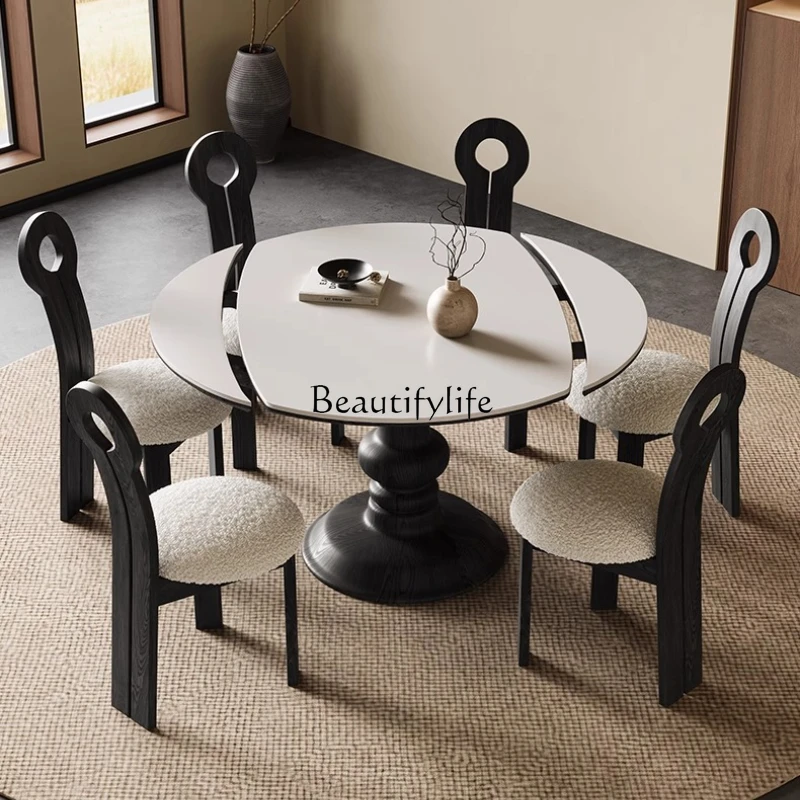 

French Retro Solid Wood Rock Board Extendable Dining Table Round Small Apartment Convertible Round Table Foldable