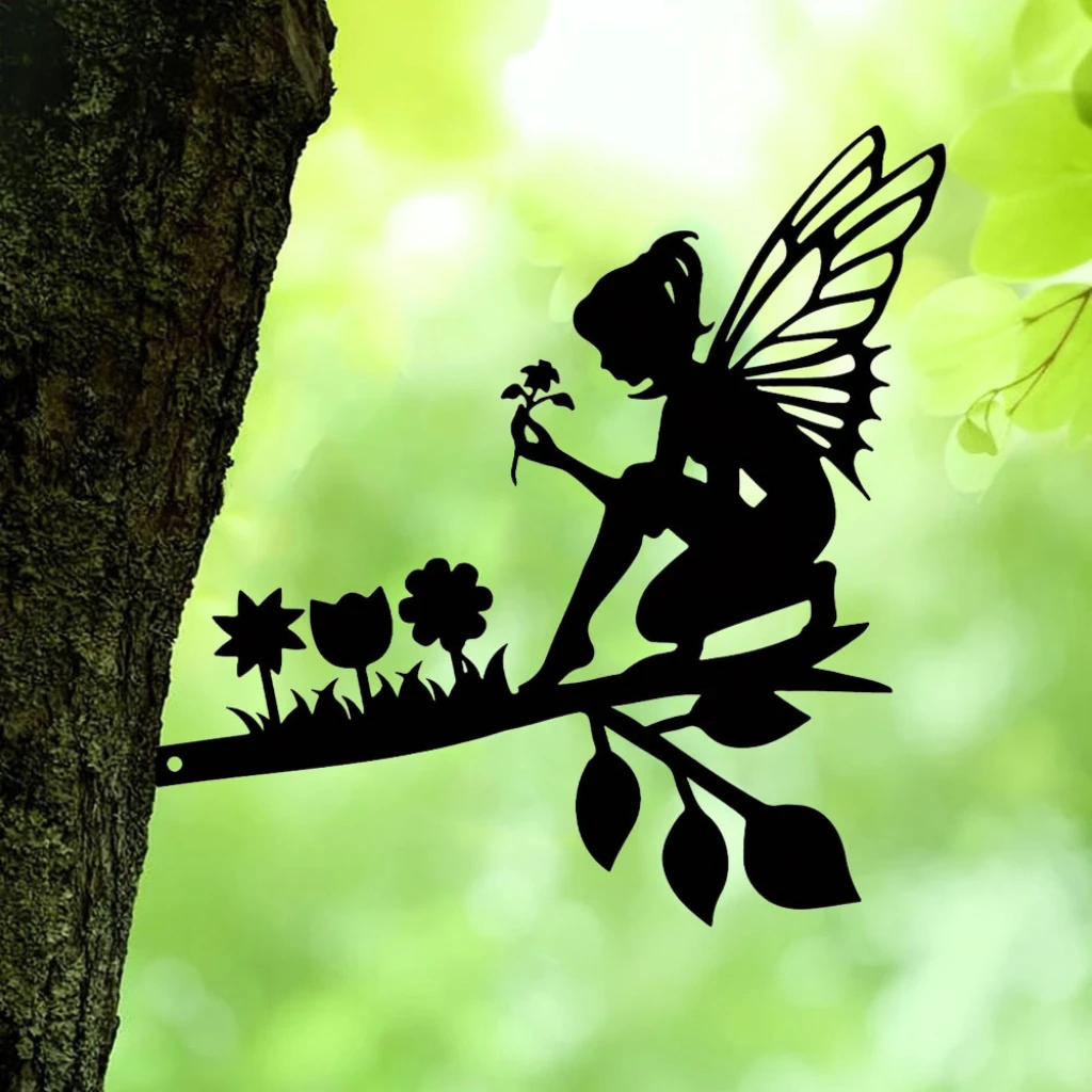 Picking Flowers Fairy On Branch Steel Silhouette Metal Wall Art Home Garden Yard Patio Iron Art, Artwork, Iron Art Silhouette